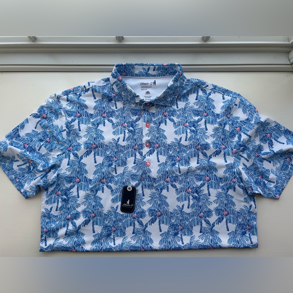 johnnie-O Blue and White Palm Print Polo Shirt